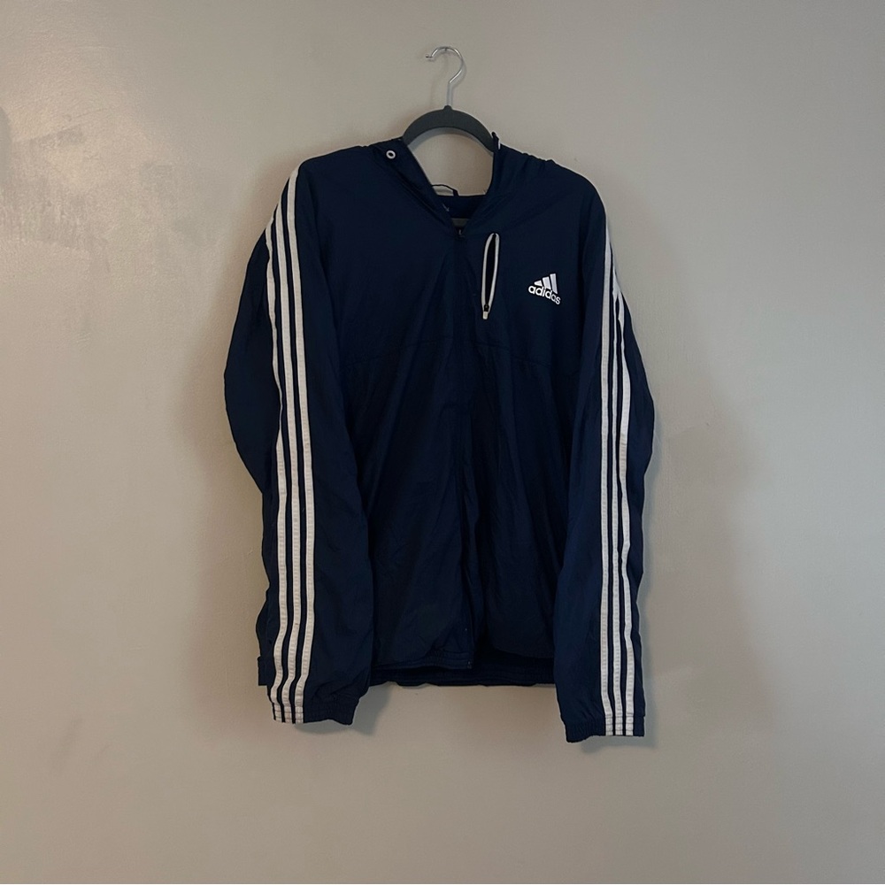 adidas Navy Hooded Windbreaker with White Three-Stripes